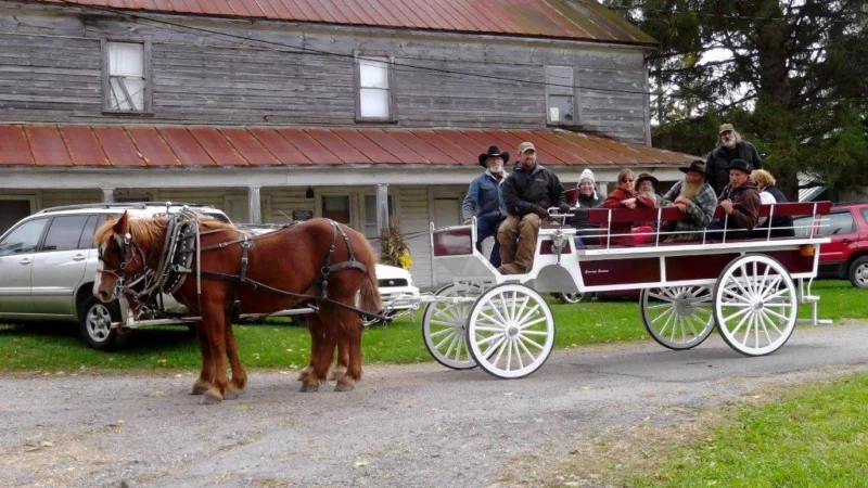 Horse-drawn wagon with passengers in front of old wooden building