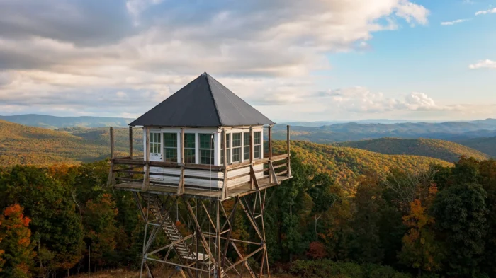 Elevated wooden cabin with stairs and deck overlooking forested mountains in fall