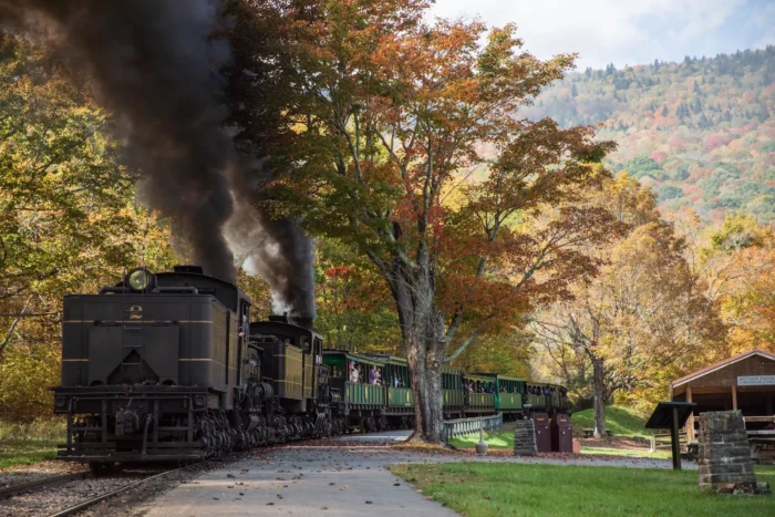 Steam locomotive with green passenger cars traveling through autumn landscape with colorful trees