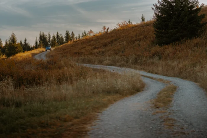 A blue Jeep driving on winding dirt road through hillside with evergreen trees at dusk