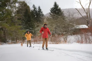 Two people cross-country skiing with a dog on a snowy trail