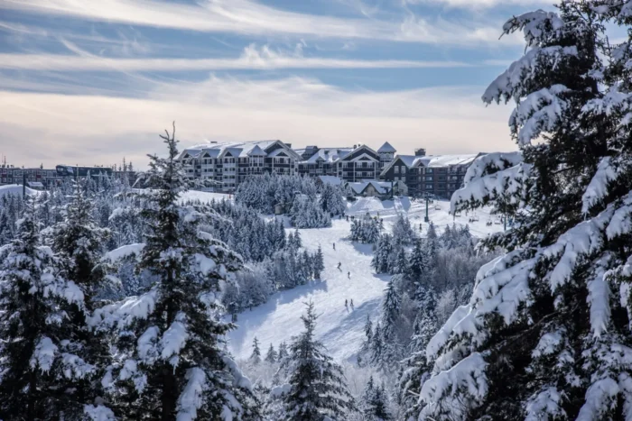 Snow-covered evergreens frame a ski slope leading to a large mountainside lodge under a partly cloudy sky.