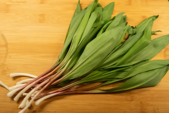 A bunch of fresh ramps (wild leeks) with broad green leaves and white bulbs with reddish-pink stems, laid on a wooden cutting board.