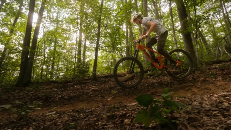 A mountain biker navigates a steep, leaf-covered dirt trail through a sunlit forest.