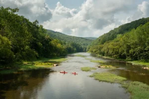 Two people slowly float down the Greenbrier River in kayaks.